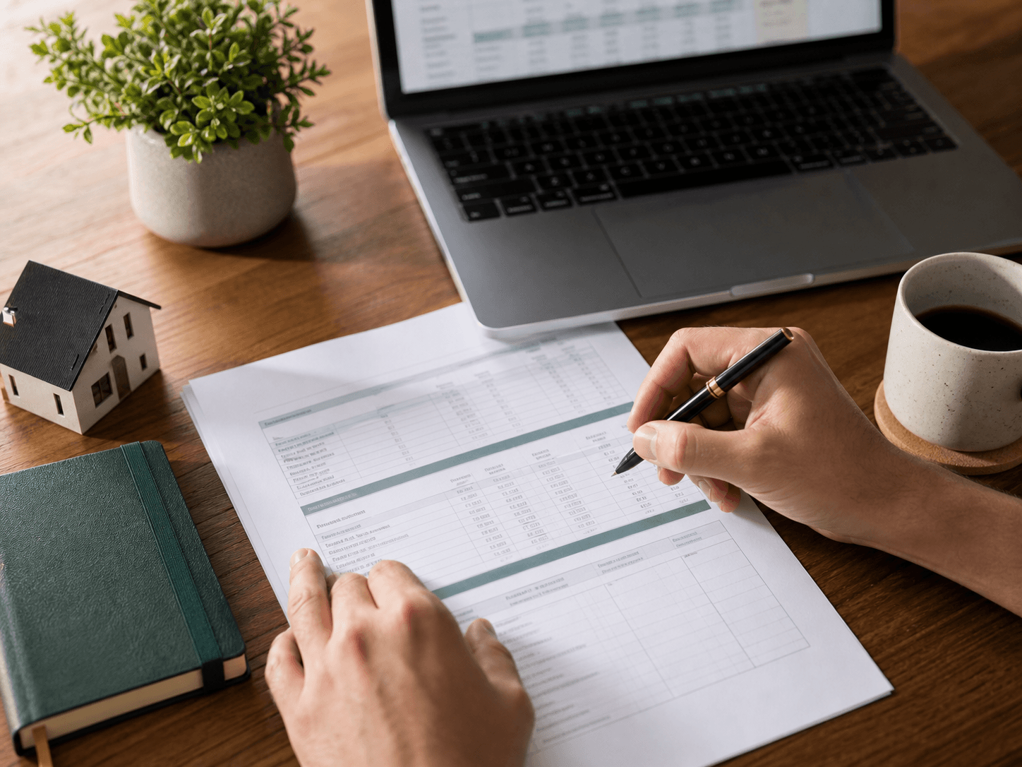 Análisis de una planilla inmobiliaria en un escritorio de trabajo
