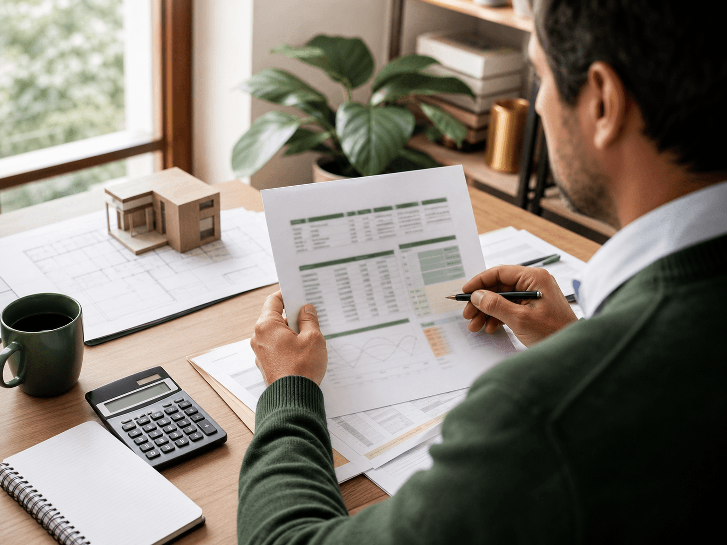 Persona revisando antecedentes financieros y planos de una vivienda