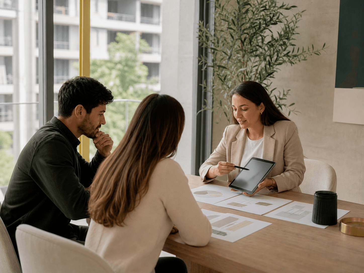 Asesora revisando objetivos y antecedentes junto a potenciales clientes