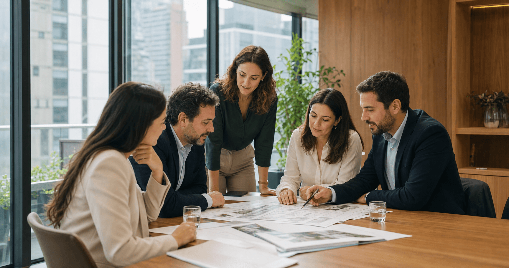 Equipo asesor colaborando en la evaluación de oportunidades inmobiliarias